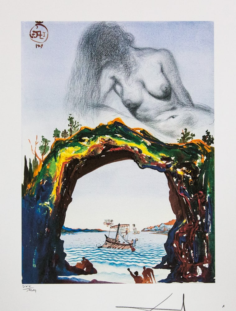 Salvador Dali 'Odysseus and the Sirens': Salvador Dali (after) 'Odysseus and the Sirens' offset lithography, sheet size 50 x 65 cm, numbered with pencil bottom left DXX/MM, limited edition 2000, signed bottom right, pencil 'Dali', heavy