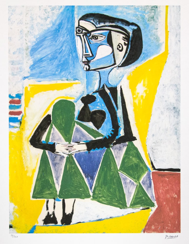 Pablo Picasso 'Jaqueline Squatting': Pablo Picasso (after) 'Jaqueline Squatting' lithograph print, limited edition of 200, sheet size 50 x 70 cm, plate signed bottom right, numbered with pencil bottom left 86/200, wove paper with Pablo