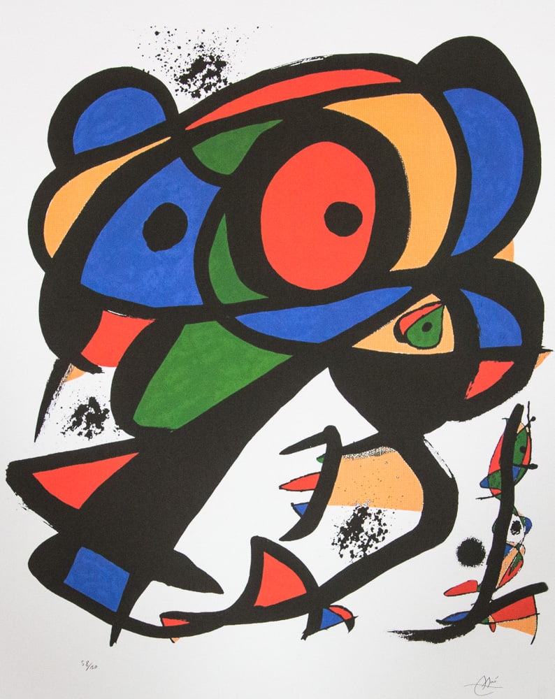 Joan Miro 'Colpir Sense Nafrar I': Joan Miro (after) 'Colpir Sense Nafrar I' lithography print, sheet size 56 x 76 cm, plate signed bottom right, numbered with pencil bottom left, limited edition 58/150, bottom right publishing house s