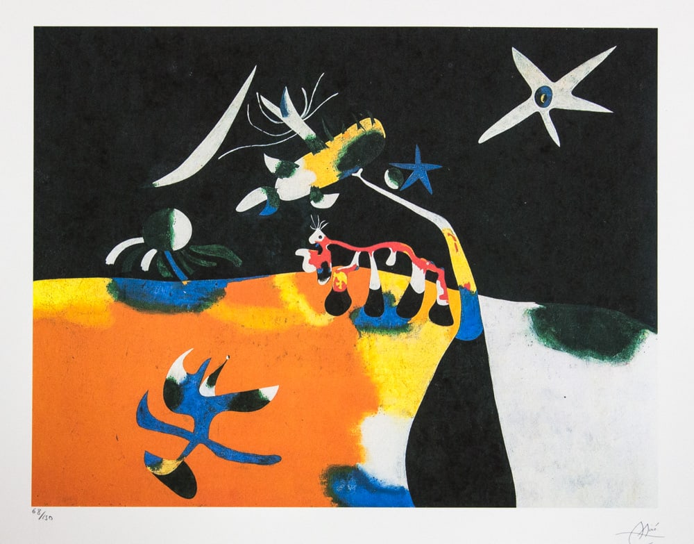 Joan Miro 'Sherrie Levine': Joan Miro (after) 'Sherrie Levine' lithography print, sheet size 56 x 76 cm, plate signed bottom right, numbered with pencil bottom left, limited edition 68/150, bottom right publishing house stamp 'S