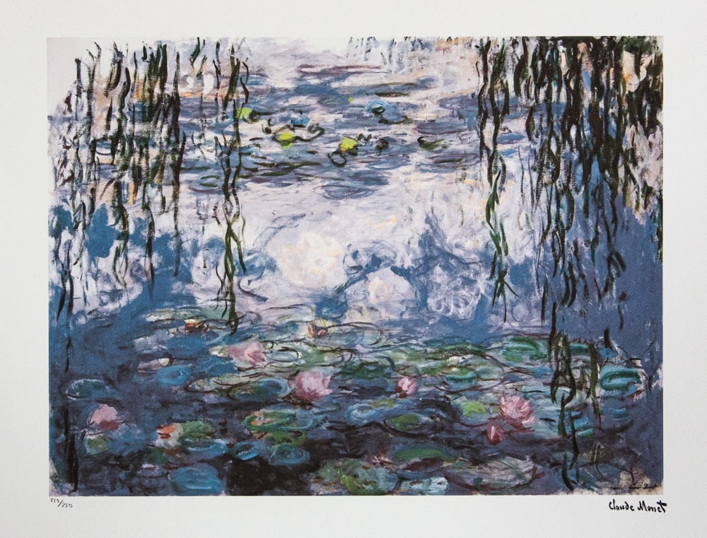 Claude Monet 'Water Lilies': Claude Monet (after) 'Water Lilies' lithography print, sheet size 50 x 70 cm, plate signed bottom right, numbered with pencil bottom left, limited edition 219/250, with embossing stamp 'SPADEM,