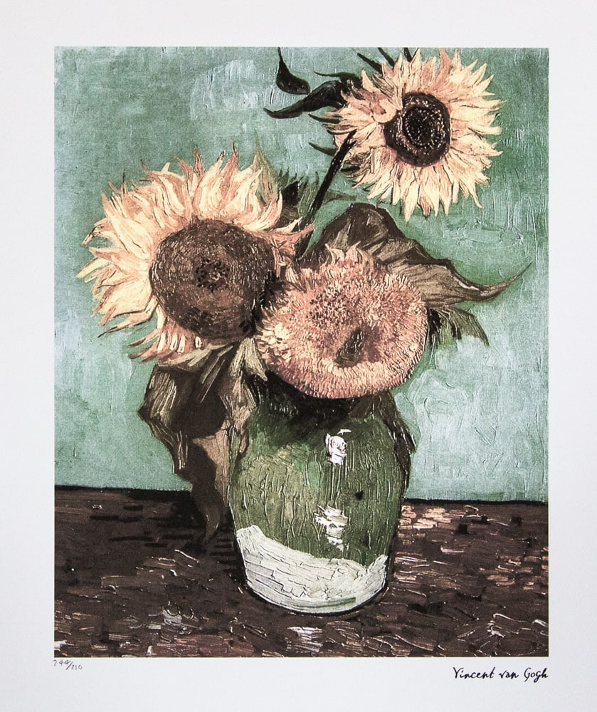 Vincent van Gogh 'Sunflowers': Vincent van Gogh (after) 'Sunflowers' lithography print, sheet size 50 x 70 cm, plate signed bottom right, numbered with pencil bottom left, limited edition 244/250, with embossing stamp 'SPADEM, Pari