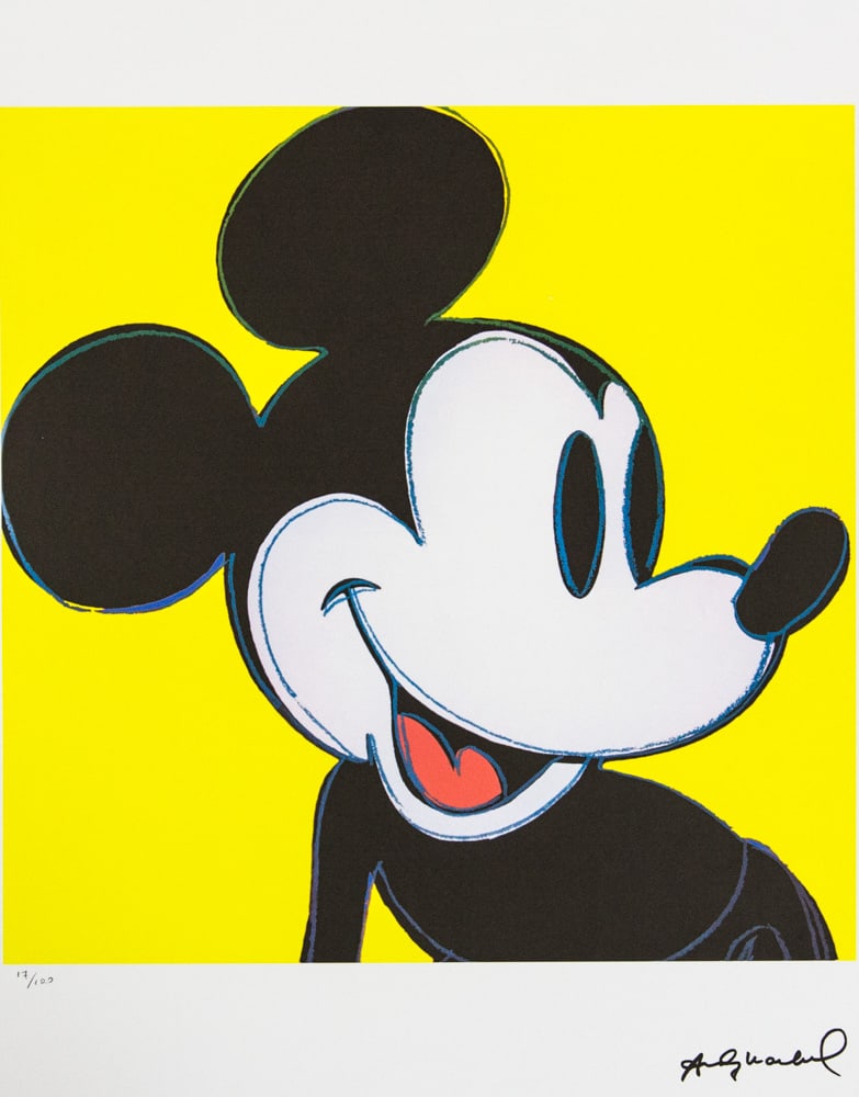 Andy Warhol 'Mickey Mouse': Andy Warhol (after) 'Mickey Mouse' offset lithograph in colors on Arches paper, sheet size 38,5 x 57 cm, plate signed bottom right, numbered with pencil, limited edition 17/100 (Leo Castelli, Art Gall