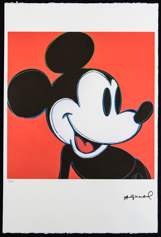 Andy Warhol 'Mickey Mouse': Andy Warhol (after) 'Mickey Mouse' offset lithograph in colors on Arches paper, sheet size 38,5 x 57 cm, plate signed bottom right, numbered with pencil, limited edition 21/100 (Leo Castelli, Art Gall