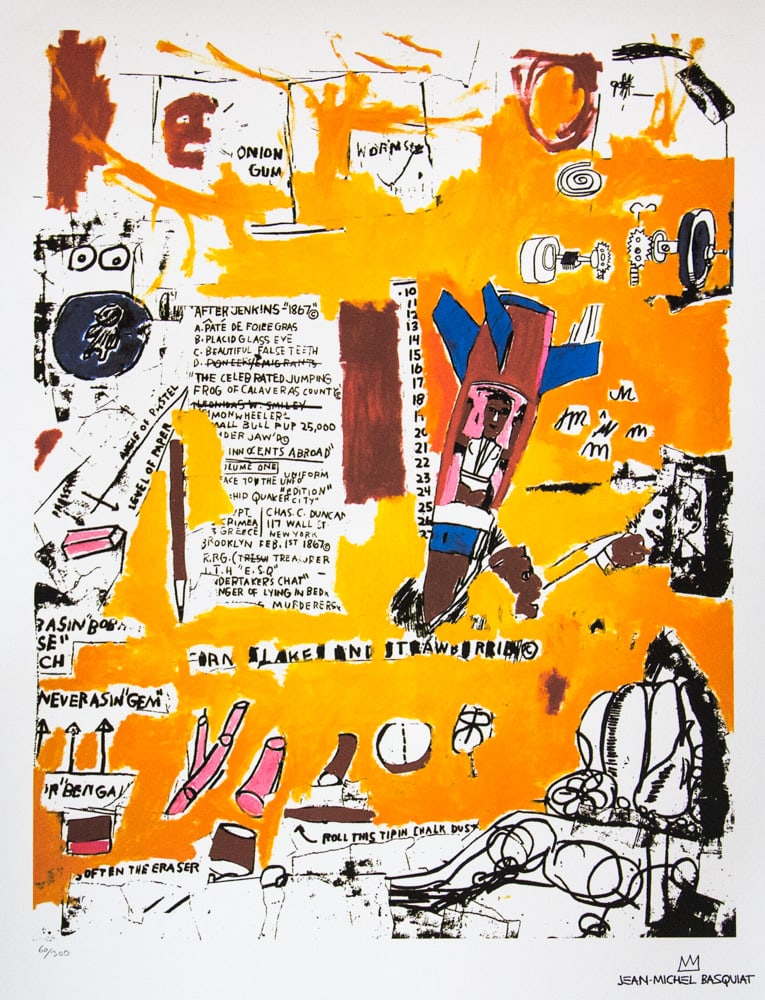 Jean-Michel Basquiatm 'M.T., 1984': Jean-Michel Basquiat (after) 'M.T., 1984' lithography print, sheet size 50 x 70 cm, plate signed bottom right, numbered bottom left with pencil, limited edition 60/300, bottom right publishing house