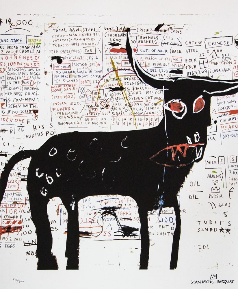 Jean-Michel Basquiatm 'Beef Ribs Longhorn': Jean-Michel Basquiat (after) 'Beef Ribs Longhorn' lithography print, sheet size 50 x 70 cm, plate signed bottom right, numbered bottom left with pencil, limited edition 170/300, bottom right