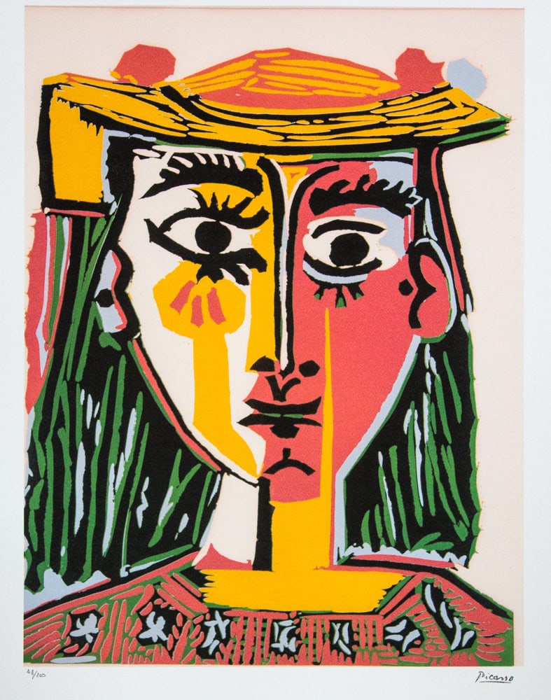 Pablo Picasso 'Woman With a Hat': Pablo Picasso (after) 'Woman With a Hat' lithograph print, limited edition of 200, sheet size 50 x 70 cm, plate signed bottom right, numbered with pencil bottom left 48/200, wove paper with Pablo