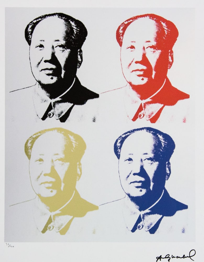 Andy Warhol 'Mao': Andy Warhol (after) 'Mao' offset lithograph in colors on Arches paper, sheet size 38,5 x 57 cm, plate signed bottom right, numbered with pencil, limited edition 35/100 (Leo Castelli, Art Gallery New Y