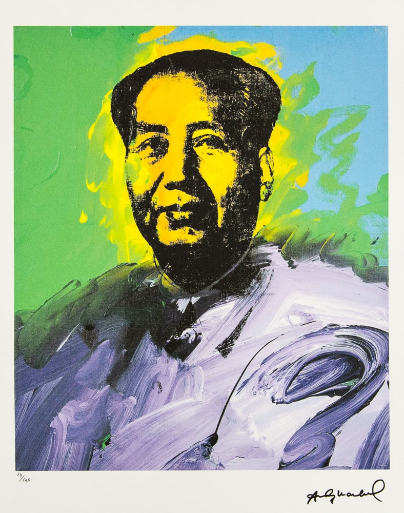 Andy Warhol 'Mao': Andy Warhol (after) 'Mao' offset lithograph in colors on Arches paper, sheet size 38,5 x 57 cm, plate signed bottom right, numbered with pencil, limited edition 29/100 (Leo Castelli, Art Gallery New Y