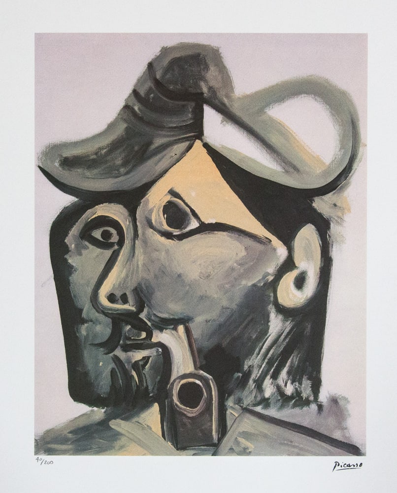 Pablo Picasso 'Head of a Man With a Pipe': Pablo Picasso (after) 'Head of a Man With a Pipe' lithograph print, limited edition of 200, sheet size 50 x 70 cm, plate signed bottom right, numbered with pencil bottom left 40/200, wove paper with
