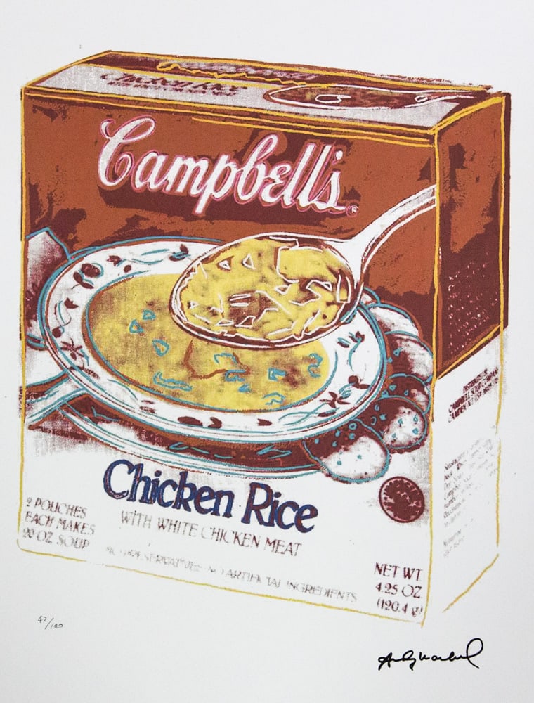 Andy Warhol 'Campbell's Soup Box: Chicken Rice': Andy Warhol (after) 'Campbell's Soup Box: Chicken Rice' offset lithograph in colors on Arches paper, sheet size 38,5 x 57 cm, plate signed bottom right, numbered with pencil, limited edition 42/100