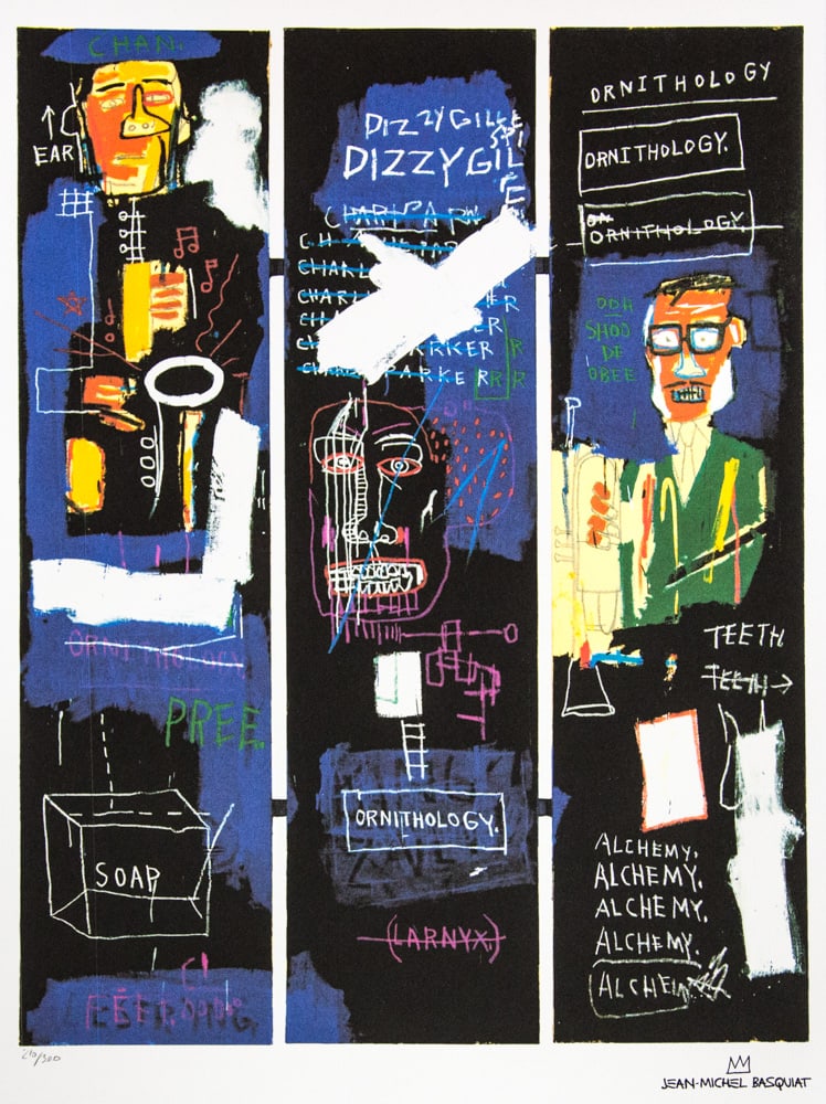 Jean-Michel Basquiatm 'Horn Players': Jean-Michel Basquiat (after) 'Horn Players' lithography print, sheet size 50 x 70 cm, plate signed bottom right, numbered bottom left with pencil, limited edition 210/300, bottom right publishing