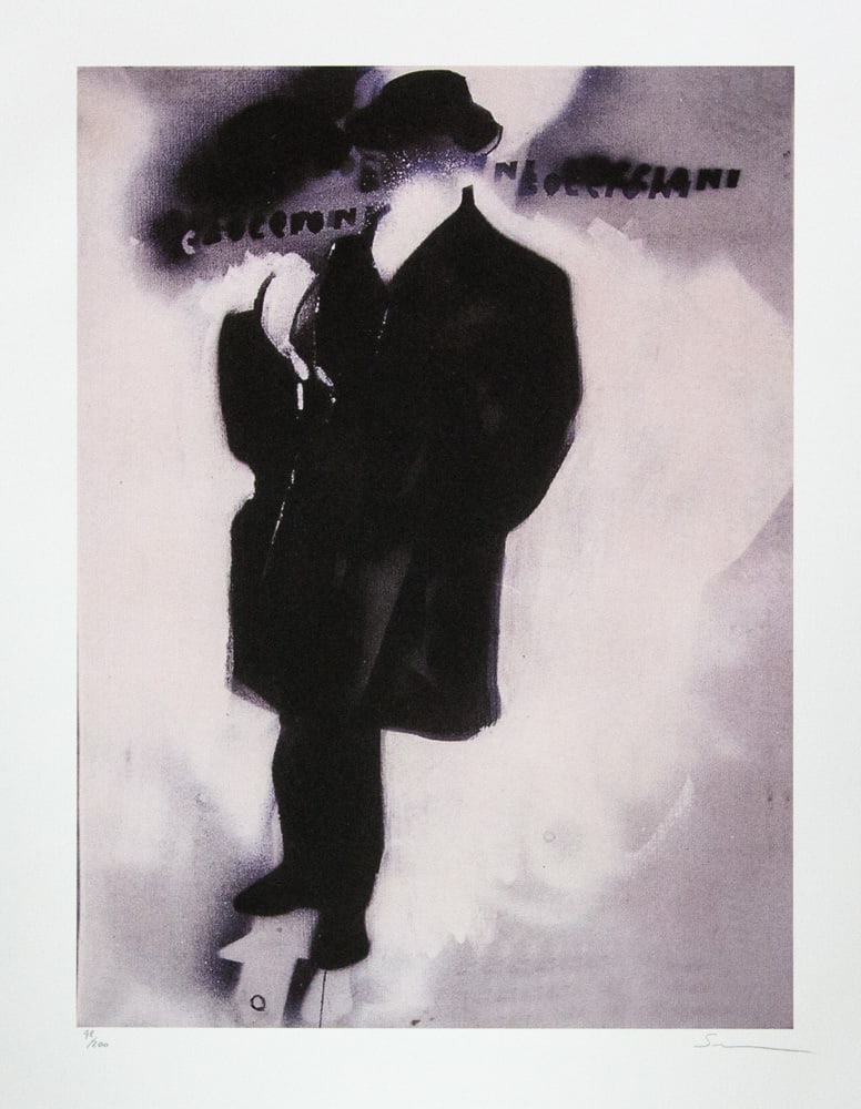 Mario Schifano, Untitled: Mario Schifano (after) untitled, offset lithograph in colors, signed bottom right, pencil, numbered bottom left with pencil, limited edition 48/200, bottom center publishing house stamp, cotton paper,