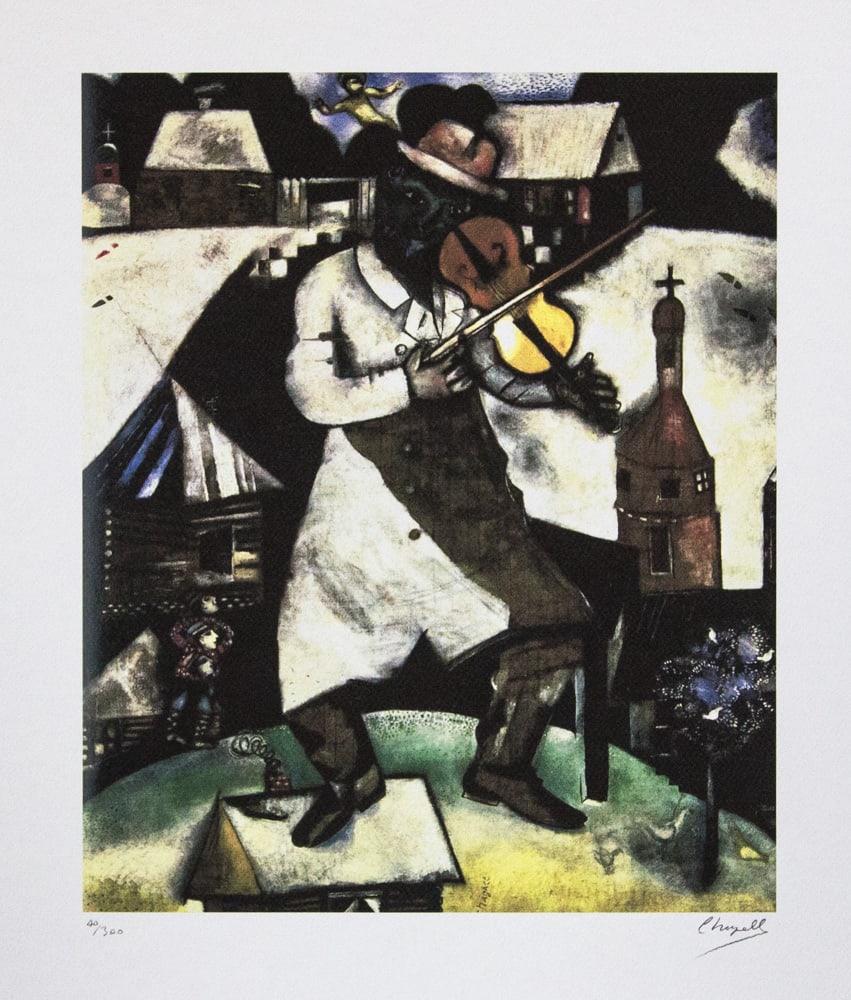 Marc Chagall 'The Fiddler 1913': Marc Chagall (after) 'The Fiddler 1913' offset lithograph, signed bottom right, numbered with pencil bottom left, limited edition 40/300, bottom left embossing stamp 'SPADEM Paris' heavy cotton