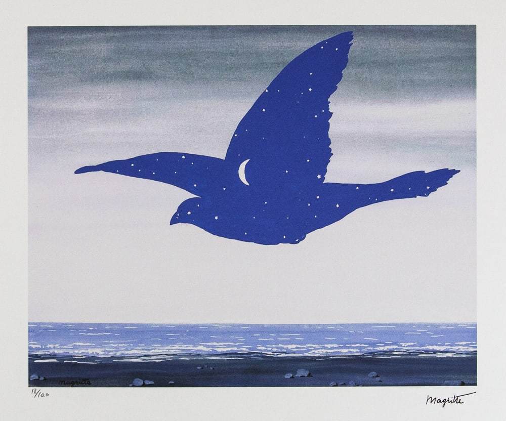 Rene Magritte 'The Kiss': Rene Magritte (after) 'The Kiss' lithography print, limited edition of 100, plate signed bottom right, numbered with pencil bottom left 18/100, bottom left publishing house stamp 'SPADEM, Paris',