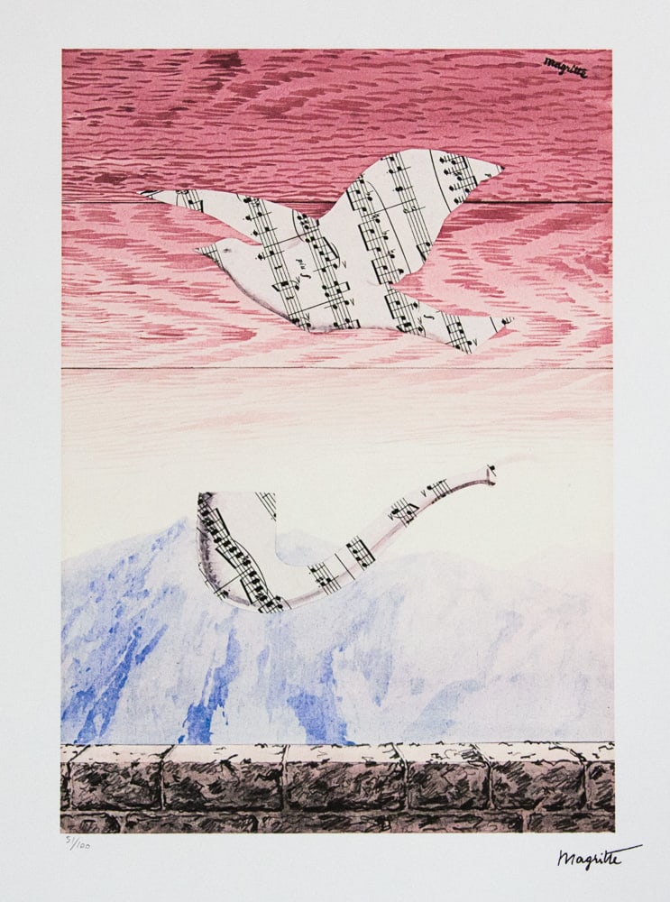 Rene Magritte 'Musical Moments': Rene Magritte (after) 'Musical Moments' lithography print, limited edition of 100, plate signed bottom right, numbered with pencil bottom left 51/100, bottom left publishing house stamp 'SPADEM,
