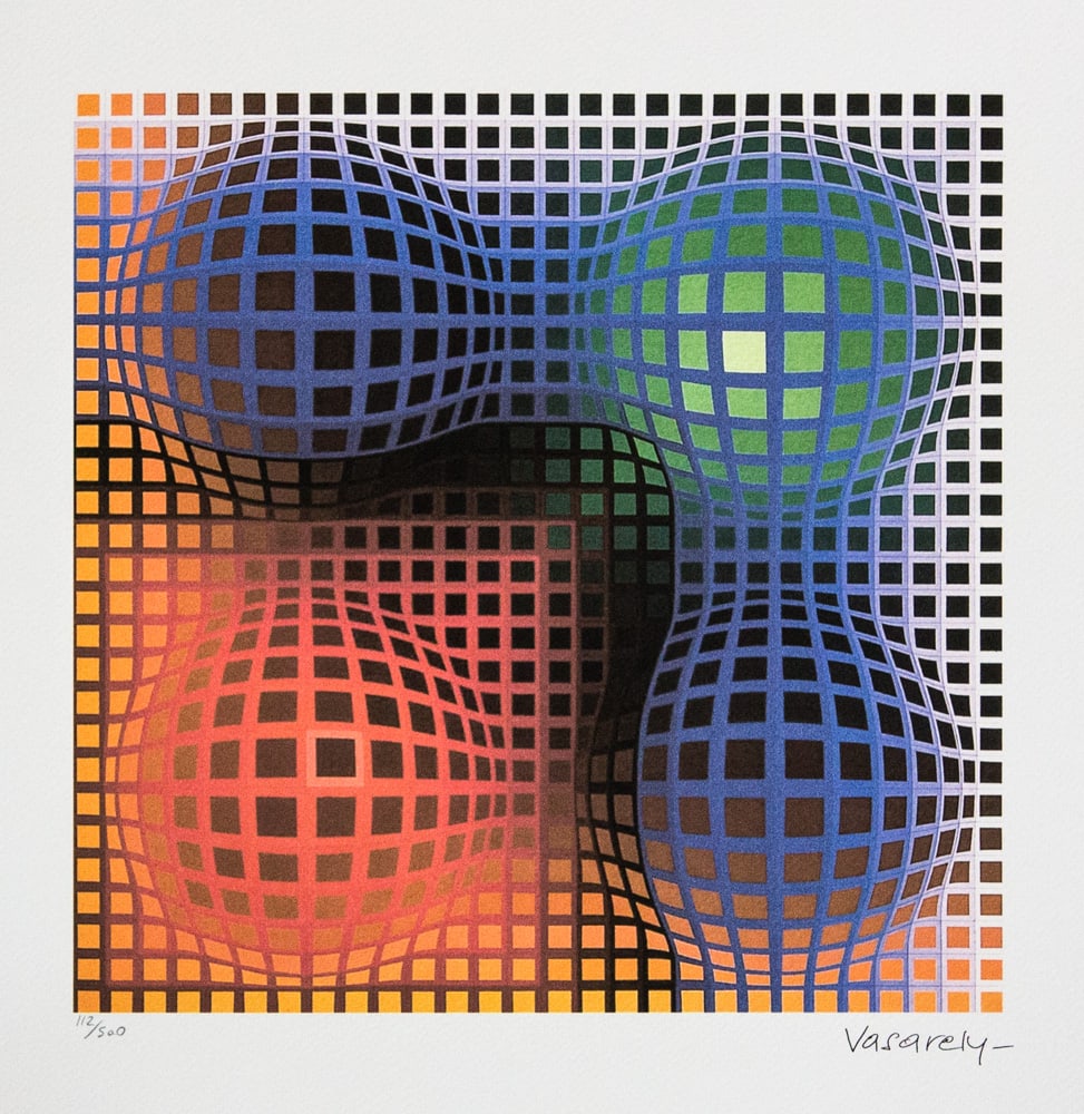 Victor Vasarely 'Vega Arny': Victor Vasarely (after) 'Vega Arny' limited edition of 500, lithography print, plate signed bottom right, numbered with pencil bottom left 112/500, heavy cotton paper, with embossing stamp 'SPADEM,