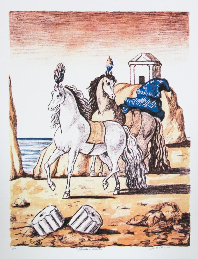 Giorgio De Chirico 'Ancient Horses': Giorgio De Chirico (after) 'Ancient Horses' offset lithograph in colors, signed bottom right, numbered bottom left with pencil, limited edition 16/90, pencil 'G. De Chirico', bottom center publishing