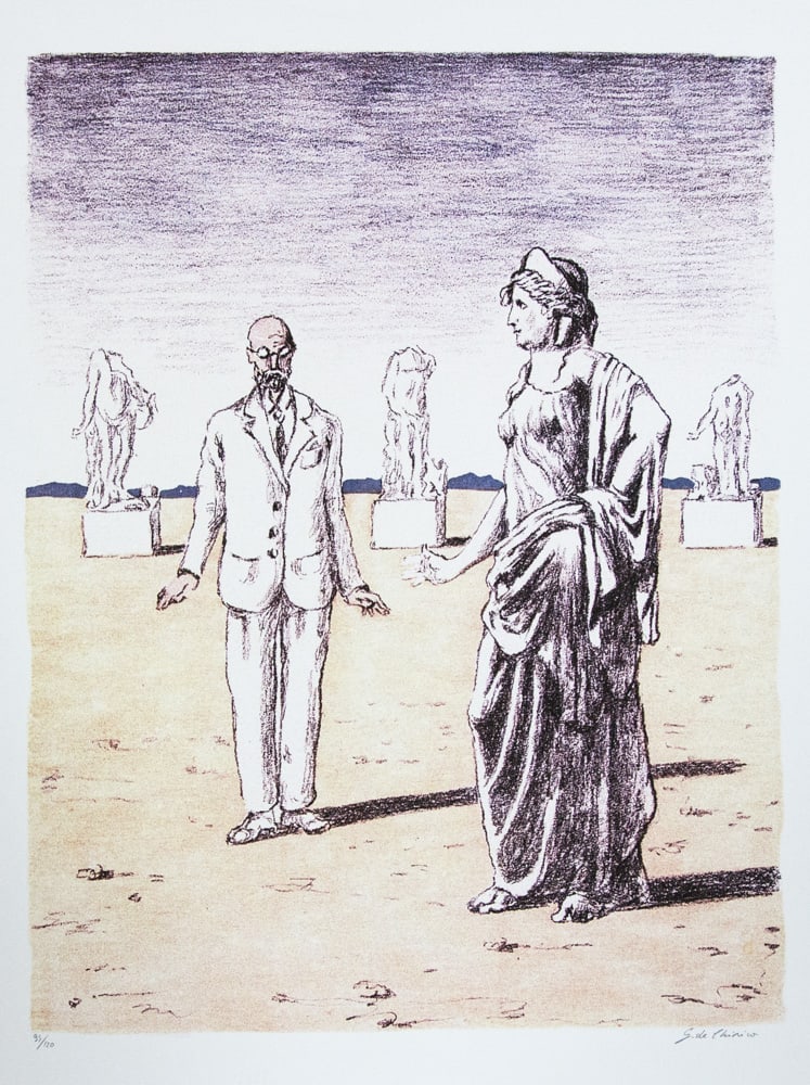Giorgio De Chirico 'Diana and the Profesor': Giorgio De Chirico (after) 'Diana and the Profesor' offset lithograph in colors, signed bottom right, numbered bottom left with pencil, limited edition 95/120, pencil 'G. De Chirico', bottom center