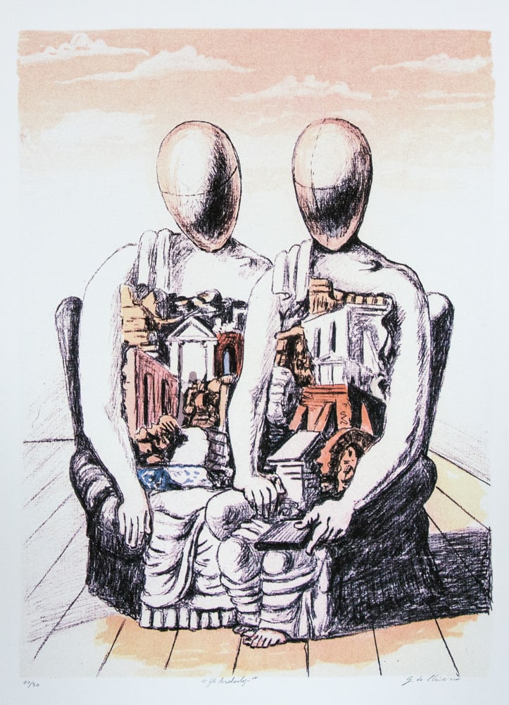 Giorgio De Chirico 'The Archaeologists': Giorgio De Chirico (after) 'The Archaeologists' offset lithograph in colors, signed bottom right, numbered bottom left with pencil, limited edition 40/90, pencil 'G. De Chirico', bottom center