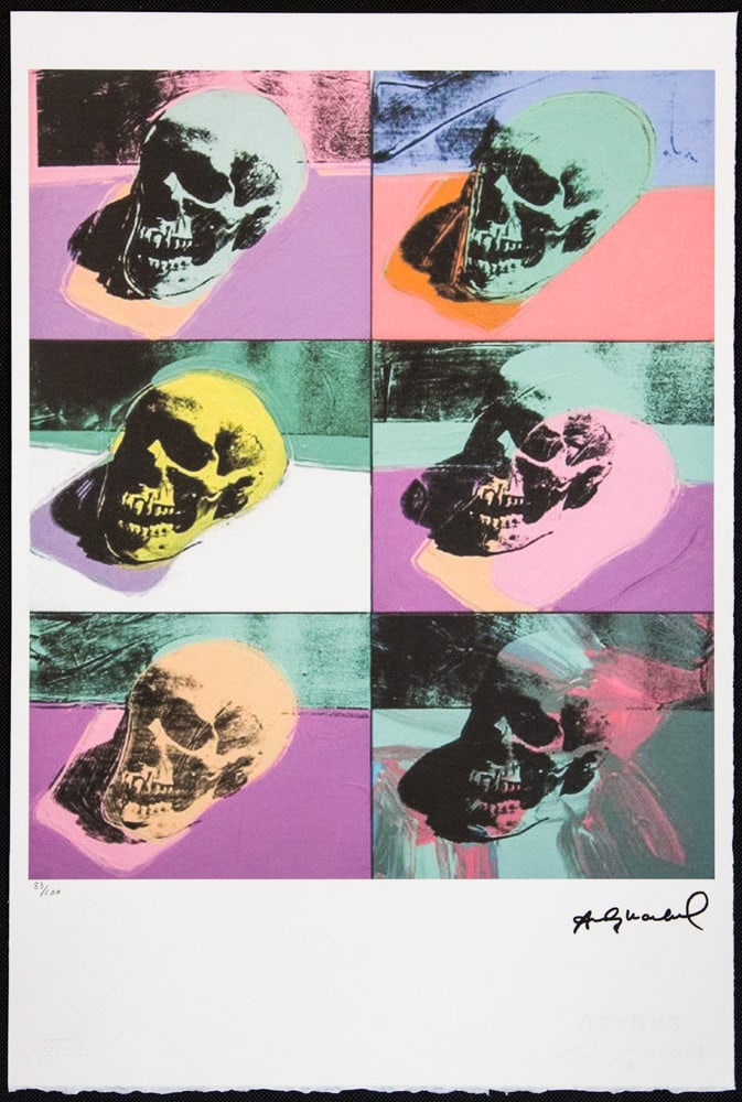 Andy Warhol 'Skull': Andy Warhol (after) 'Skull' offset lithograph in colors on Arches paper, sheet size 38,5 x 57 cm, plate signed bottom right, numbered with pencil, limited edition 83/100 (Leo Castelli, Art Gallery New