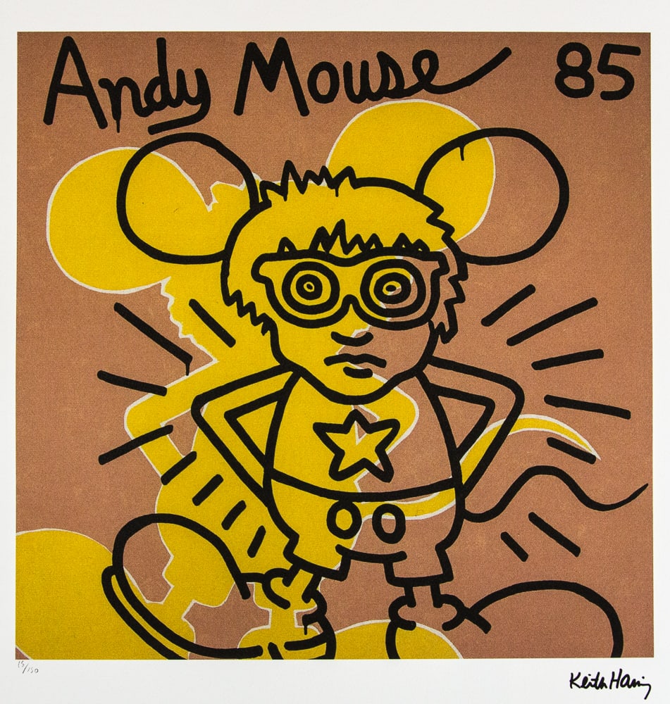 Keith Haring 'Andy Mouse': Keith Haring (after) 'Andy Mouse' offset lithography, limited edition of 150, sheet size 50 x 70 cm, plate signed bottom right, numbered with pencil bottom left 15/150, cotton paper, Keith Haring Foun