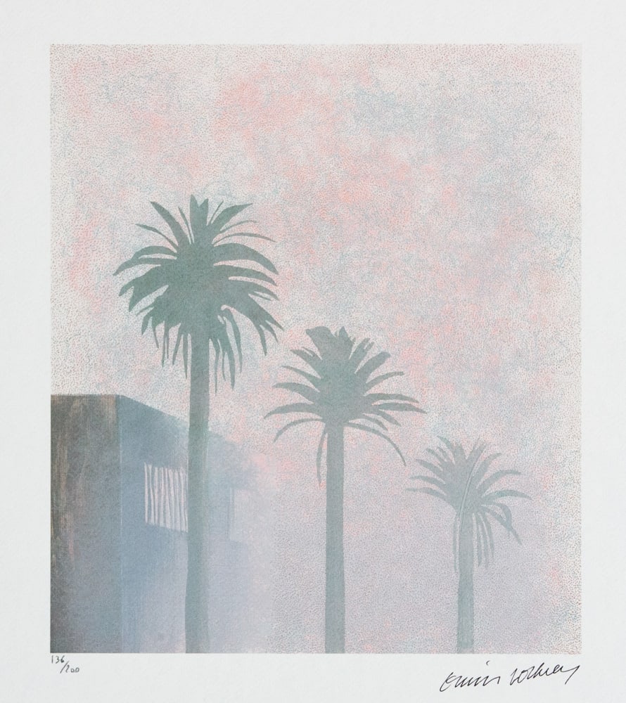 David Hockney 'Mist': David Hockney (after) 'Mist' limited edition of 200, lithography print, plate signed bottom right, numbered with pencil bottom left 136/200, heavy cotton paper, with embossing stamp 'SPADEM, Paris',