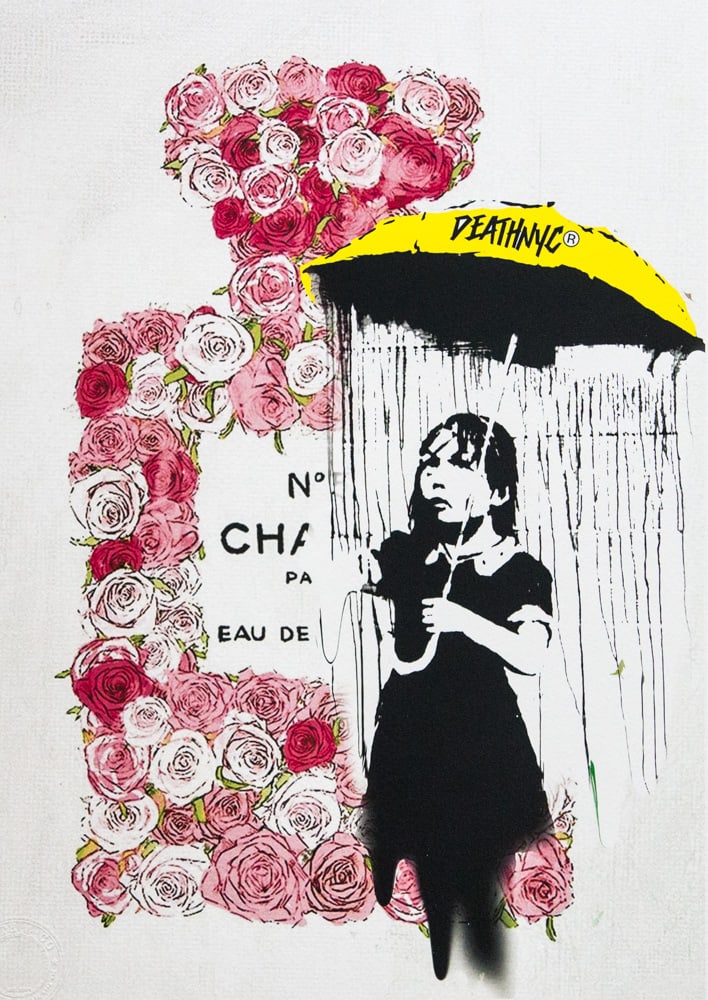 DEATH NYC SIGNED FINE ART PRINT W/COA: DEATH NYC Signed Fine Art Print with COA , DEATH NYC is a New York City-based street artist. Her pseudonym is an acronym for 'Don't Easily Abandon the Hope'. Print is blind stamped, comes with