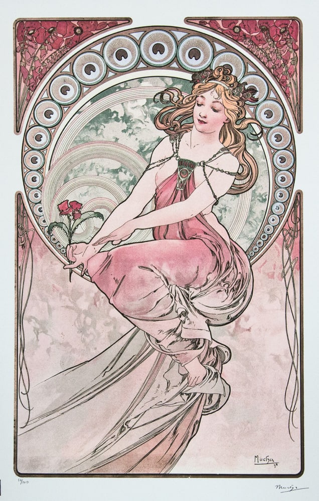 Alphonse Mucha 'The Four Arts – Painting': Alphonse Mucha (after) 'The Four Arts – Painting' lithography print, sheet size 50 x 70 cm, plate signed bottom right, numbered with pencil bottom left, limited edition 10/100, bottom left