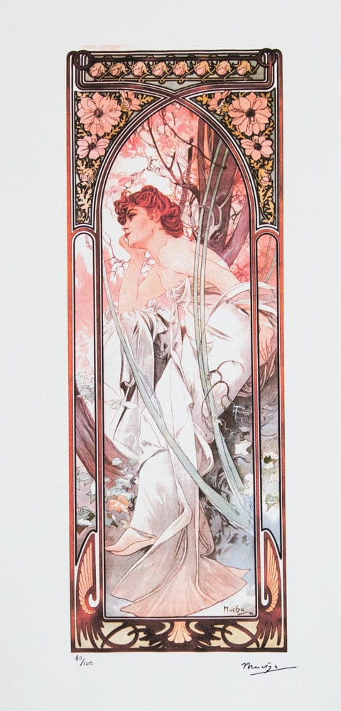 Alphonse Mucha 'Evening Reverie': Alphonse Mucha (after) 'Evening Reverie' lithography print, sheet size 50 x 70 cm, plate signed bottom right, numbered with pencil bottom left, limited edition 40/100, bottom left publishing house