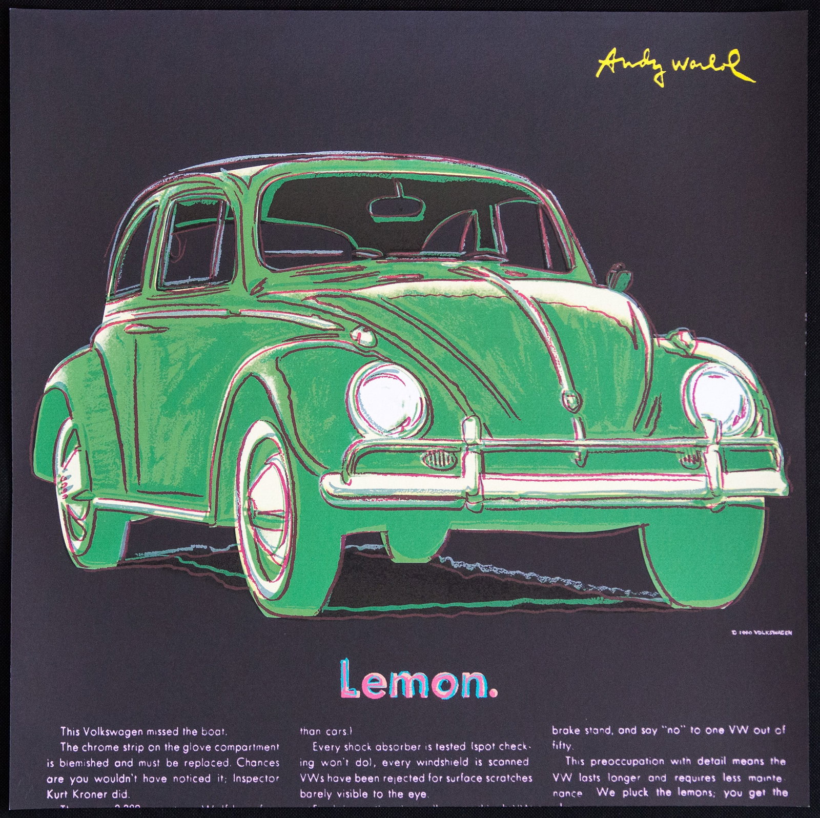 Andy Warhol 'VW Lemon': Andy Warhol (after) 'VW Lemon' offset lithography, size 60 x 60 cm, plate signed top right, numbered with pencil, limited edition 208/2400, heavy paper, stamped with CMOA on the back (Carnegie Museum
