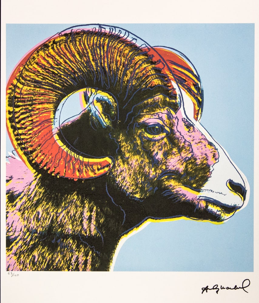 Andy Warhol 'Bighorn Ram': Andy Warhol (after) 'Bighorn Ram' offset lithograph in colors on Arches paper, sheet size 38,5 x 57 cm, plate signed bottom right, numbered with pencil, limited edition 69/100 (Leo Castelli, Art