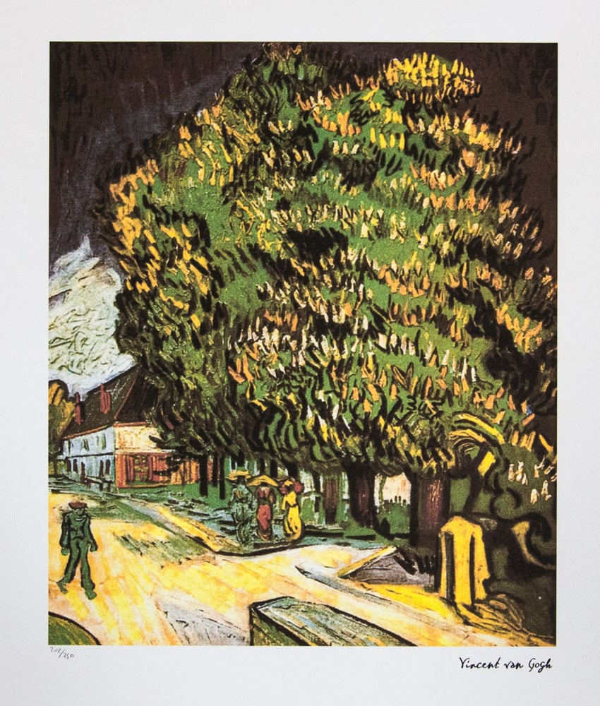Vincent van Gogh 'Chestnut Trees in Blossom': Vincent van Gogh (after) 'Chestnut Trees in Blossom' lithography print, sheet size 50 x 70 cm, plate signed bottom right, numbered with pencil bottom left, limited edition 202/250, with embossing stam