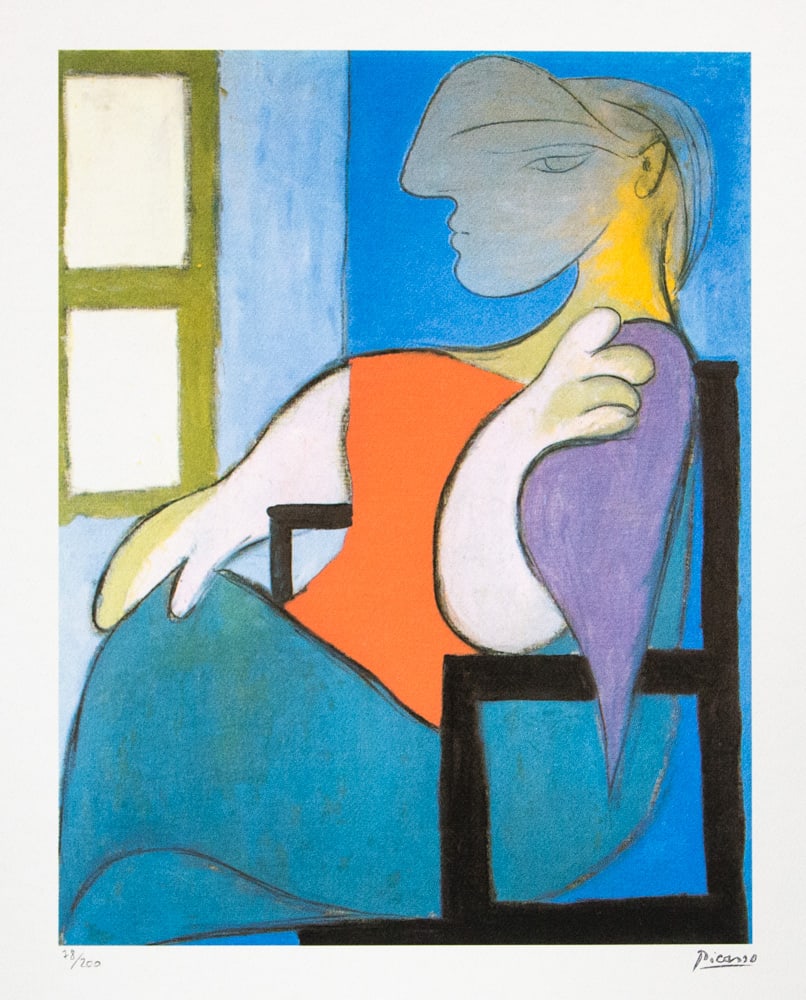 Pablo Picasso 'Woman Sitting Near a Window': Pablo Picasso (after) 'Woman Sitting Near a Window' lithograph print, limited edition of 200, sheet size 50 x 70 cm, plate signed bottom right, numbered with pencil bottom left 78/200, wove paper with