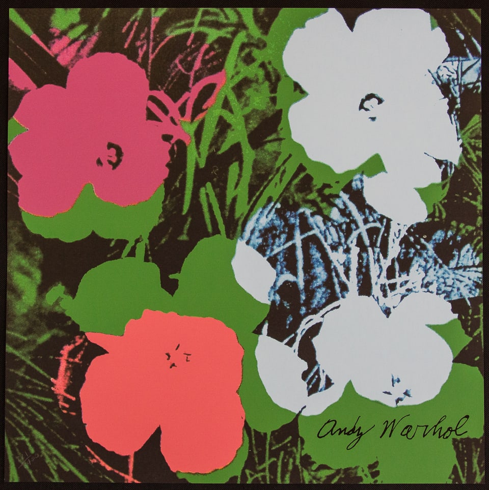 Andy Warhol 'Flowers': Andy Warhol (after) 'Flowers' offset lithography, size 60 x 60 cm, plate signed bottom right, numbered with pencil, limited edition 221/2400, heavy paper, stamped with CMOA on the back (Carnegie Museu