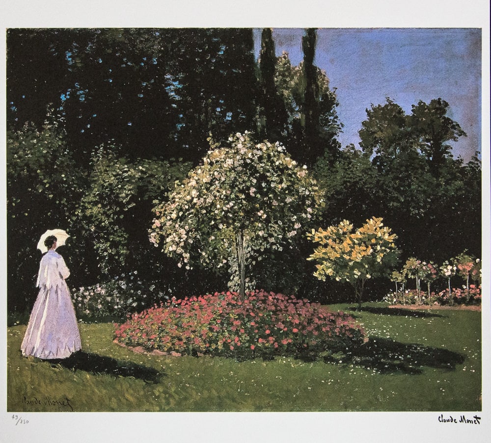 Claude Monet 'Lady In a Garden': Claude Monet (after) 'Lady In a Garden' lithography print, sheet size 50 x 70 cm, plate signed bottom right, numbered with pencil bottom left, limited edition 49/250, with embossing stamp 'SPADEM,