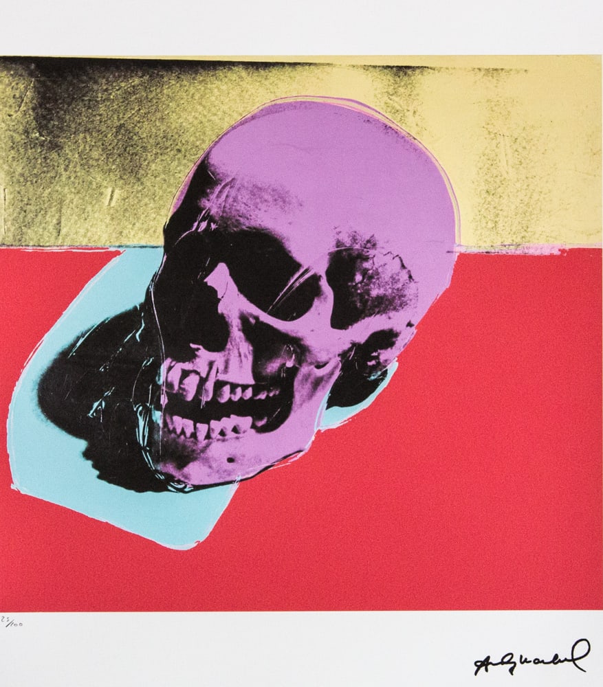 Andy Warhol 'Skull': Andy Warhol (after) 'Skull' offset lithograph in colors on Arches paper, sheet size 38,5 x 57 cm, plate signed bottom right, numbered with pencil, limited edition 25/100 (Leo Castelli, Art Gallery New