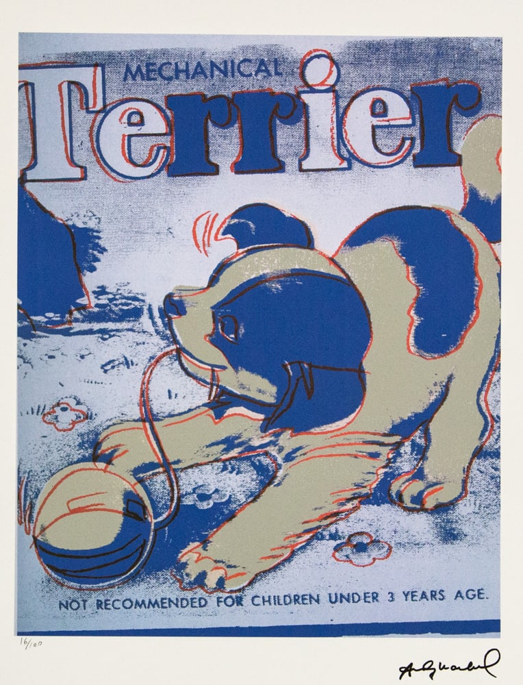 Andy Warhol 'Mechanical Terrier': Andy Warhol (after) 'Mechanical Terrier' offset lithograph in colors on Arches paper, sheet size 38,5 x 57 cm, plate signed bottom right, numbered with pencil, limited edition 16/100 (Leo Castelli, Ar