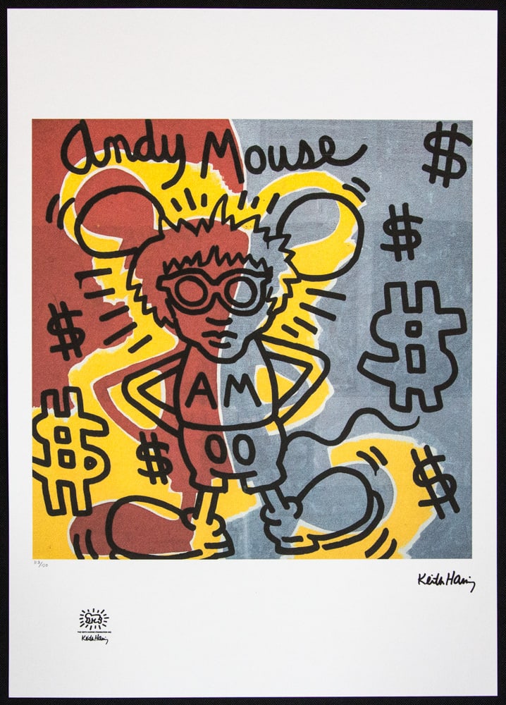 Keith Haring 'Andy Mouse': Keith Haring (after) 'Andy Mouse' offset lithography, limited edition of 150, sheet size 50 x 70 cm, plate signed bottom right, numbered with pencil bottom left 117/150, cotton paper, Keith Haring Fou