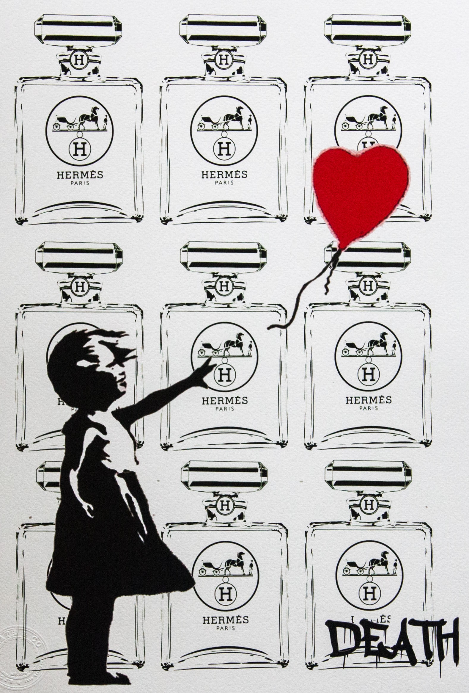 DEATH NYC SIGNED FINE ART PRINT W/COA: DEATH NYC Signed Fine Art Print with COA , DEATH NYC is a New York City-based street artist. Her pseudonym is an acronym for 'Don't Easily Abandon the Hope'. Print is blind stamped, comes with