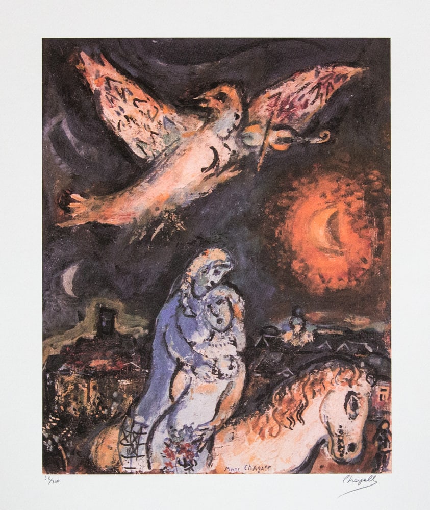 Marc Chagall 'Serenade': Marc Chagall (after) 'Serenade' offset lithograph, signed bottom right, numbered with pencil bottom left, limited edition 58/300, bottom left embossing stamp 'SPADEM Paris' heavy cotton paper, sheet