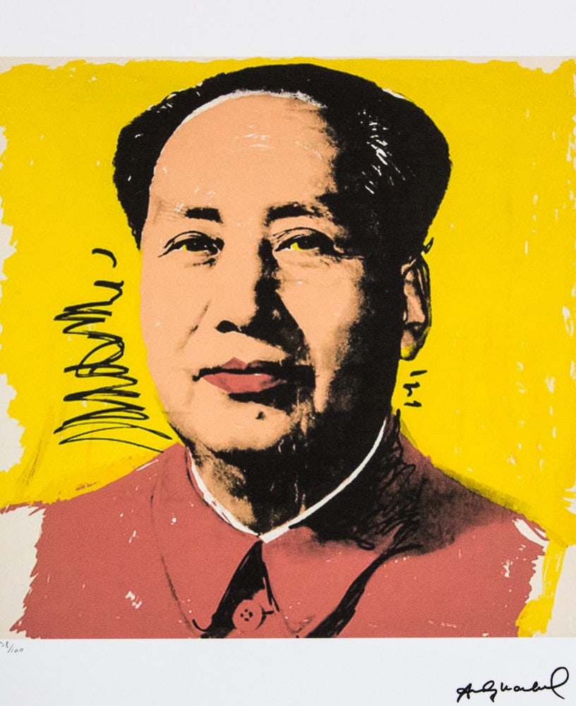 Andy Warhol 'Mao': Andy Warhol (after) 'Mao' offset lithograph in colors on Arches paper, sheet size 38,5 x 57 cm, plate signed bottom right, numbered with pencil, limited edition 38/100 (Leo Castelli, Art Gallery New