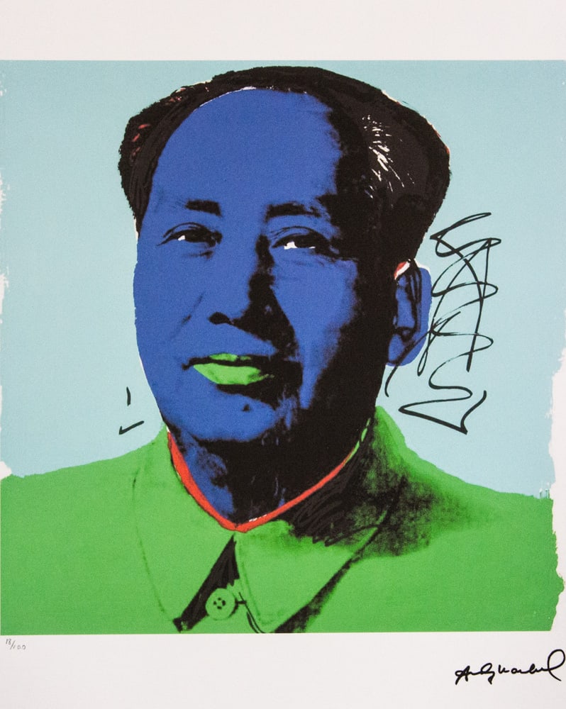 Andy Warhol 'Mao': Andy Warhol (after) 'Mao' offset lithograph in colors on Arches paper, sheet size 38,5 x 57 cm, plate signed bottom right, numbered with pencil, limited edition 18/100 (Leo Castelli, Art Gallery New Y