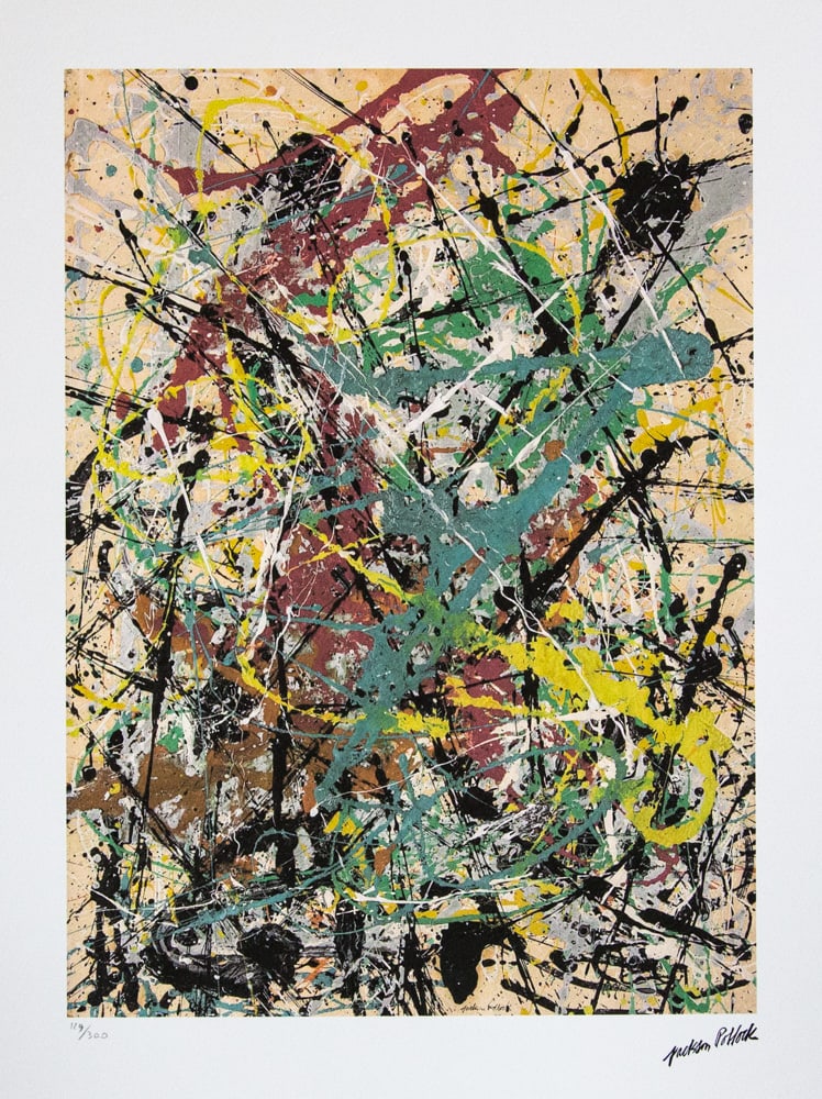 Jackson Pollock 'Number 16': Jackson Pollock (after) 'Number 16' lithography print, sheet size 50 x 70 cm, plate signed bottom right, numbered with pencil bottom left, limited edition 129/300, with embossing stamp 'SPADEM, Paris'