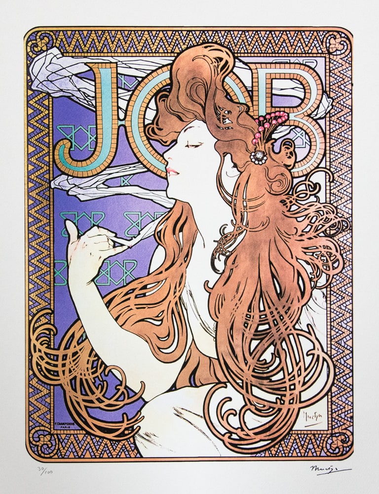 Alphonse Mucha 'Job': Alphonse Mucha (after) 'Job' lithography print, sheet size 50 x 70 cm, plate signed bottom right, numbered with pencil bottom left, limited edition 30/100, bottom left publishing house stamp 'La