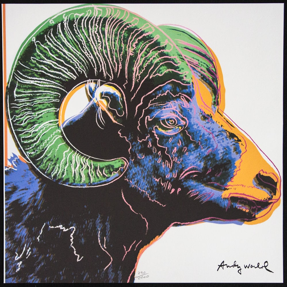 Andy Warhol 'Bighorn Ram': Andy Warhol (after) 'Bighorn Ram' offset lithography, size 60 x 60 cm, plate signed bottom right, numbered with pencil, limited edition 290/2400, heavy paper, stamped with CMOA on the back (Carnegie
