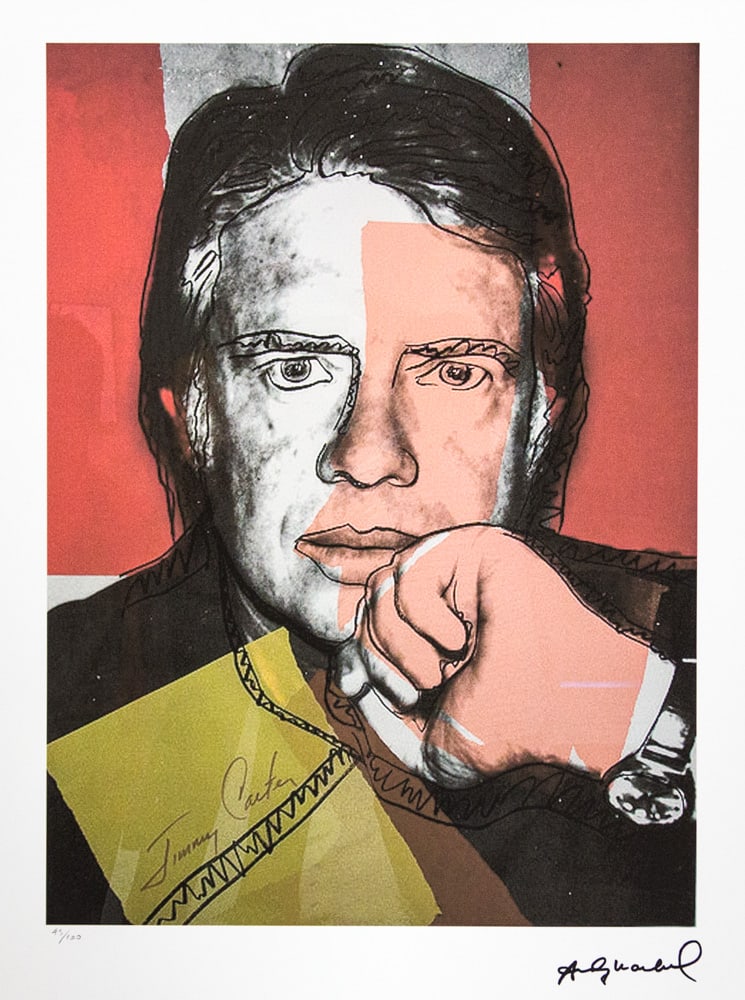Andy Warhol 'Jimmy Carter': Andy Warhol (after) 'Jimmy Carter' offset lithograph in colors on Arches paper, sheet size 38,5 x 57 cm, plate signed bottom right, numbered with pencil, limited edition 45/100 (Leo Castelli, Art Gall