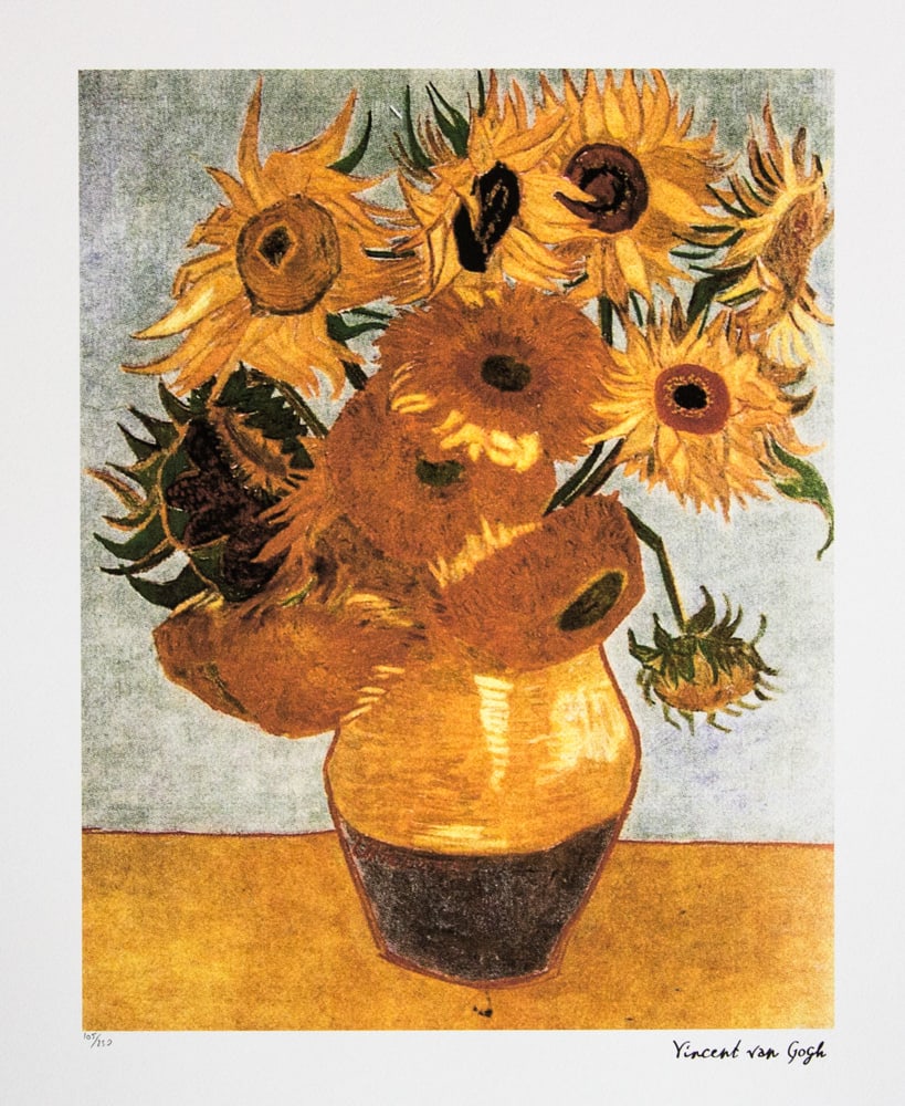 Vincent van Gogh 'Sunflowers': Vincent van Gogh (after) 'Sunflowers' lithography print, sheet size 50 x 70 cm, plate signed bottom right, numbered with pencil bottom left, limited edition 105/250, with embossing stamp 'SPADEM,