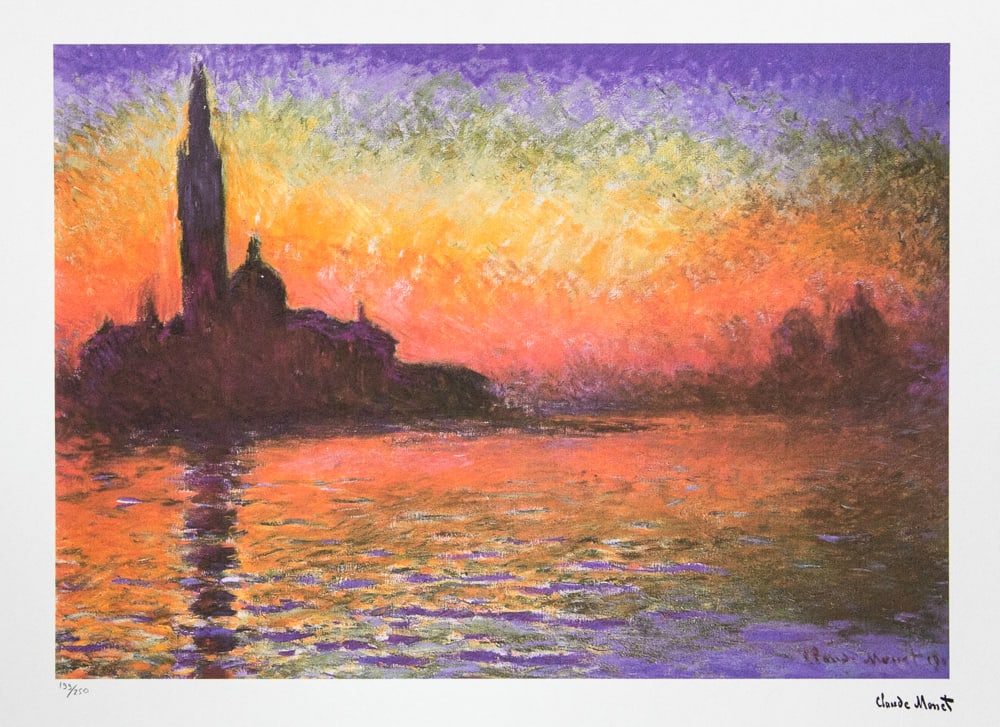 Claude Monet 'San Giorgio Maggiore at Dusk': Claude Monet (after) 'San Giorgio Maggiore at Dusk' lithography print, sheet size 50 x 70 cm, plate signed bottom right, numbered with pencil bottom left, limited edition 199/250, with embossing stamp
