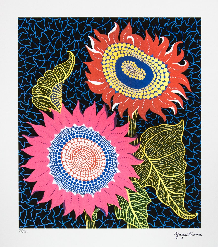 Yayoi Kusama 'Flowers': Yayoi Kusama (after) 'Flowers' offset lithography, limited edition of 500, sheet size 50 x 65 cm, plate signed bottom right, numbered with pencil bottom left 26/500, fine art paper, without